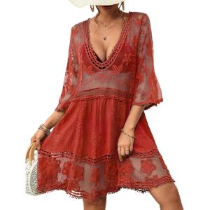 imageBsubseach Women Lace Swimsuit Cover Up Bathing Suit Coverups VNeck Swimwear Beach Vacation DressRed