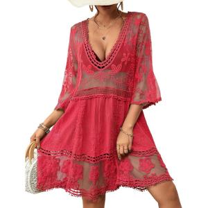 imageBsubseach Women Lace Swimsuit Cover Up Bathing Suit Coverups VNeck Swimwear Beach Vacation DressRose