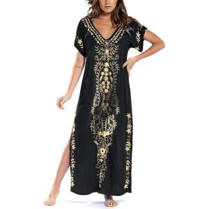 imageBusbseach Caftan Dresses for Women Embroidery Short Sleeve Beach Cover Up V Neck Maxi Kaftan DressBlack