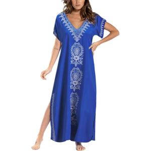 imageBusbseach Caftan Dresses for Women Embroidery Short Sleeve Beach Cover Up V Neck Maxi Kaftan DressRoyal Blue