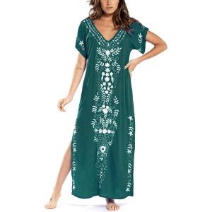 imageBusbseach Caftan Dresses for Women Embroidery Short Sleeve Beach Cover Up V Neck Maxi Kaftan DressWgreen Embroidery