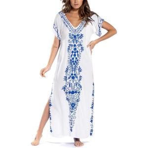 imageBusbseach Caftan Dresses for Women Embroidery Short Sleeve Beach Cover Up V Neck Maxi Kaftan DressWhite
