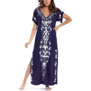 imageBusbseach Caftan Dresses for Women Embroidery Short Sleeve Beach Cover Up V Neck Maxi Kaftan DressWnavy Embroidery