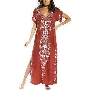 imageBusbseach Caftan Dresses for Women Embroidery Short Sleeve Beach Cover Up V Neck Maxi Kaftan DressWrust Red Embroidery