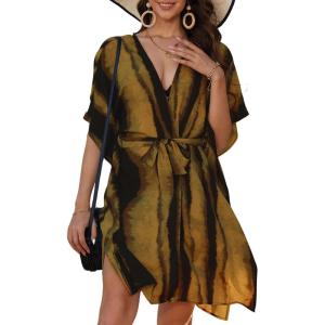 imageBsubseach Striped Kimono for Women 2025 Swimsuit Coverup Boho Beach Cover Up Open Front Cardigan Summer Short RobeBlack Yellow