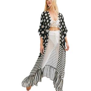 imageBsubseach Women Long Kimono Swimsuit Cover Ups Chiffon Maxi Cardigan Open Front Bathing Suit Lightweight Duster BeachwearBlack