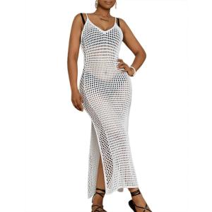 imageBsubseach 2025 Beach Cover Up for Women Crochet Slit Dress Swimsuit Sleeveless Hollow Out Summer Bikini CoverupXwhite