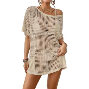 imageBsubseach Crochet Coverup for Women Mesh Swimsuit Cover Up Hollow Out Bathing Suit Beach Cover Ups with PocketsApricot