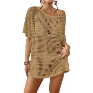 imageBsubseach Crochet Coverup for Women Mesh Swimsuit Cover Up Hollow Out Bathing Suit Beach Cover Ups with PocketsCamel