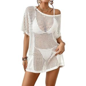 imageBsubseach Crochet Coverup for Women Mesh Swimsuit Cover Up Hollow Out Bathing Suit Beach Cover Ups with PocketsWhite
