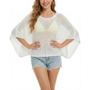 imageBsubseach Crochet Swimsuit Coverup for Women Batwing Sleeve Bathing Suit Swimwear Mesh Knit Tops Vacation OutfitsCream White