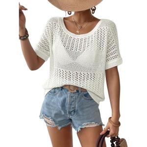 imageBsubseach Crochet Tops for Women Short Sleeve Cover Ups for Swimwear Women Knit Hollow Out Sweater Mesh Top 2026White