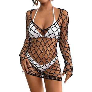 imageBsubseach Long Sleeve Fishnet Swimsuit Cover Up for Women Mesh Sheer Dress Sexy BeachwearBlack