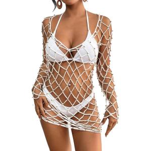 imageBsubseach Long Sleeve Fishnet Swimsuit Cover Up for Women Mesh Sheer Dress Sexy BeachwearWhite