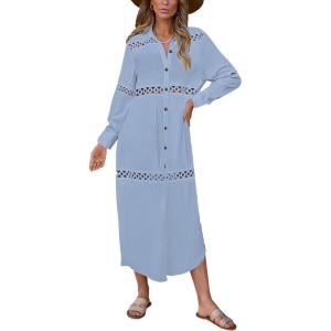 imageBsubseach Long Beach Cover Ups for Women 2025 Button Up Dress for Swimwear Women Casual Kimonos Cardigan Bathing Suit CoverupBlue