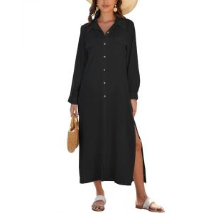 imageBsubseach Swimsuit Cover Ups for Women Long Sleeve Shirt Cover Up Dress Beach Vacation Clothes Sundresses Resort WearBlack
