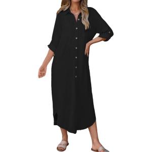 image:imageBsubseach Swimsuit Coverup for Women 2026 Casual Dresses Button Down Beach Dress Long Kimonos Cardigans with PocketsBlack