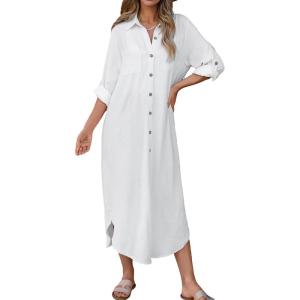 image:imageBsubseach Swimsuit Coverup for Women 2026 Casual Dresses Button Down Beach Dress Long Kimonos Cardigans with PocketsWhite