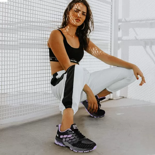 imageAkk Women Air Shoes Running Sneakers Tennis Walking Shoes Mesh Breathable Gym Work Fashion SneakersB BlackPurple