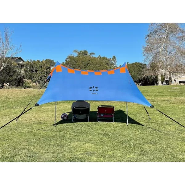 imageNeso Sidelines 1 Versatile Sports Sun Shelter Patented Corners amp Poles 100 Recycled Stakes 45lbBlue Orange Checkers